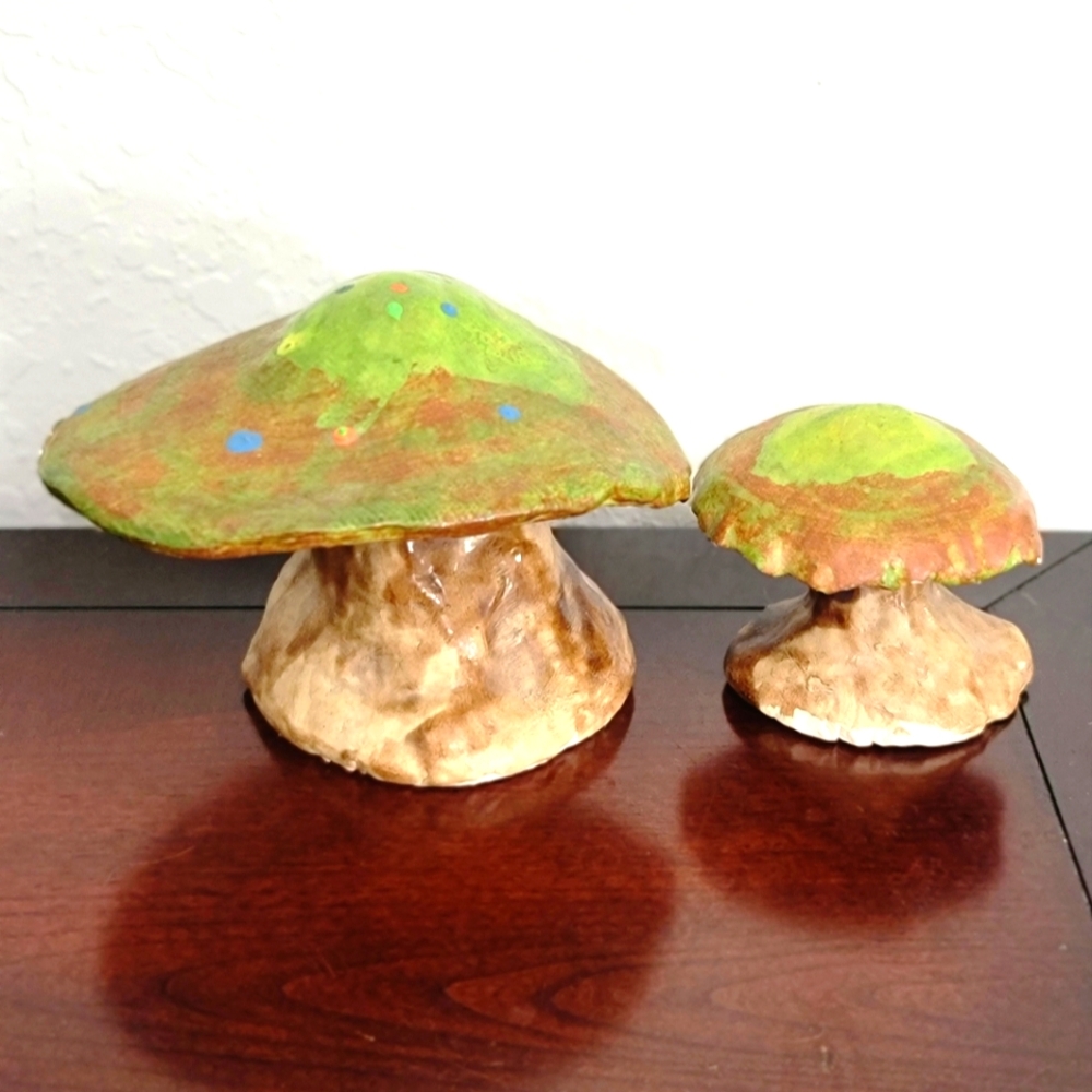 Handcrafted Green and Brown Mushroom Art Sculptures